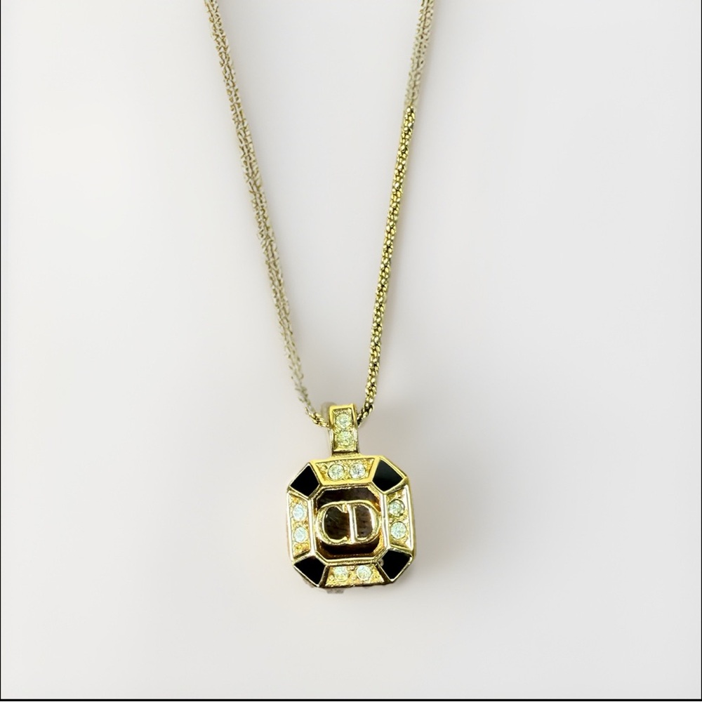 Christian Dior Necklace CD Logo Rhinestone Gold W15xH20mm Square Motif Black - Picture 2 of 11